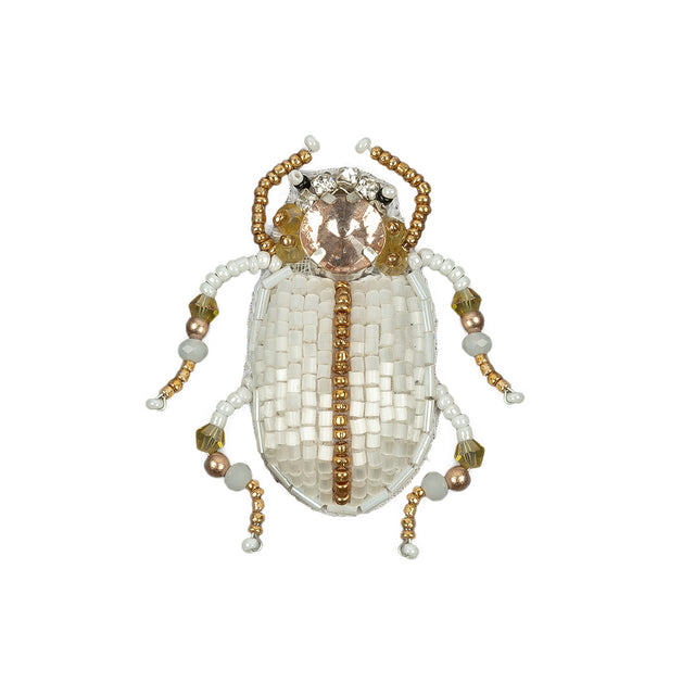 Metallic Gold and Satin White Beetle Rhinestone and Glass Beaded Applique - 2.25" x 2"