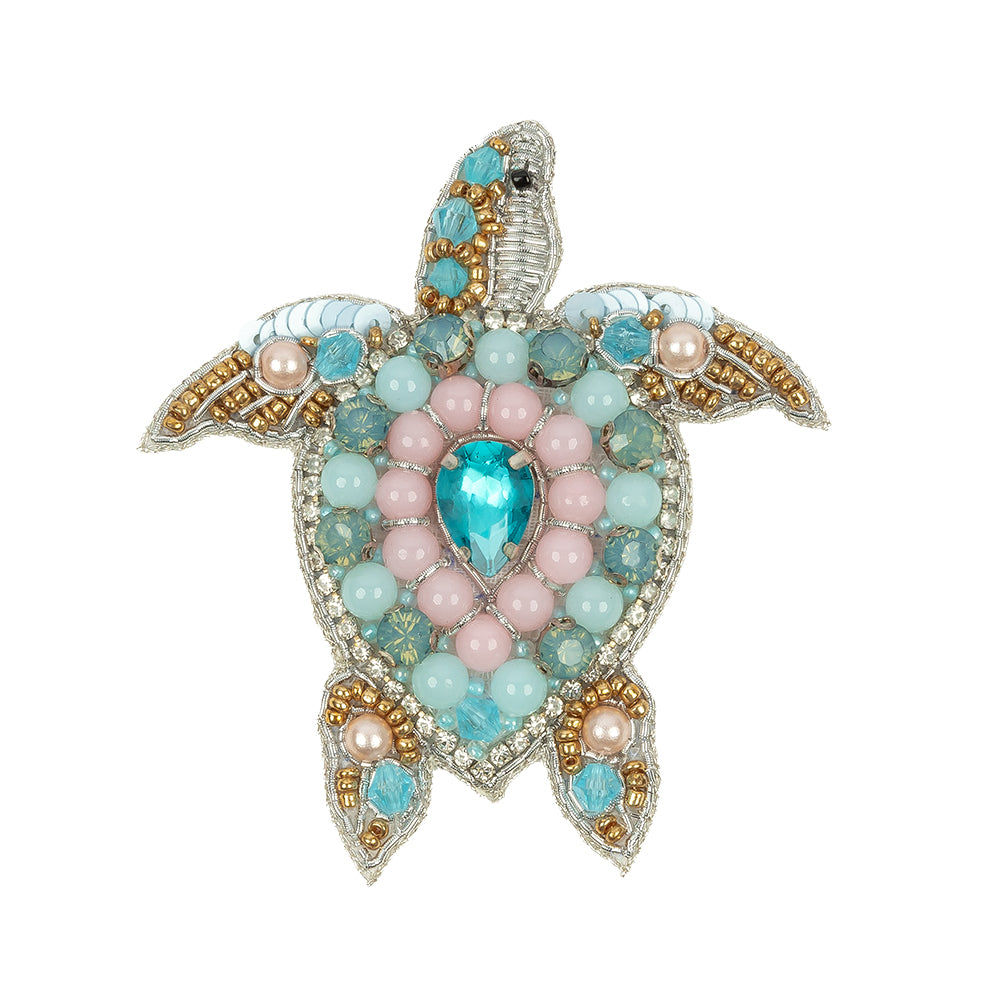 Silver, Baby Blue and Pale Pink Sea Turtle Rhinestone and Glass Beaded Applique - 2.75" x 2.625"
