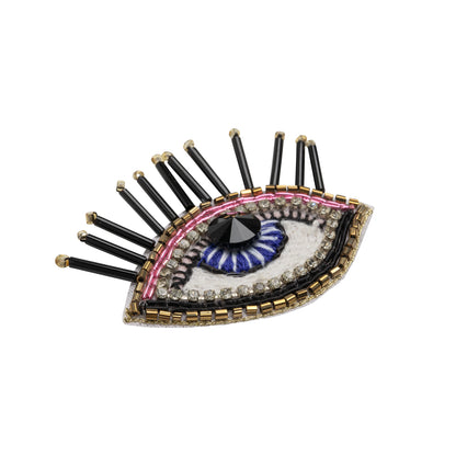 Gold, Pink and Blue Decorated Eye Embroidered Rhinestone and Glass Beaded Applique - 2" x 2.375" Folded