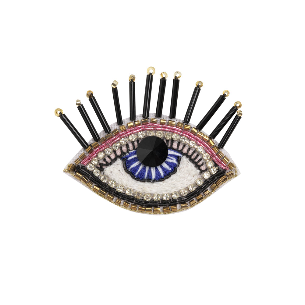 Gold, Pink and Blue Decorated Eye Embroidered Rhinestone and Glass Beaded Applique - 2" x 2.375"