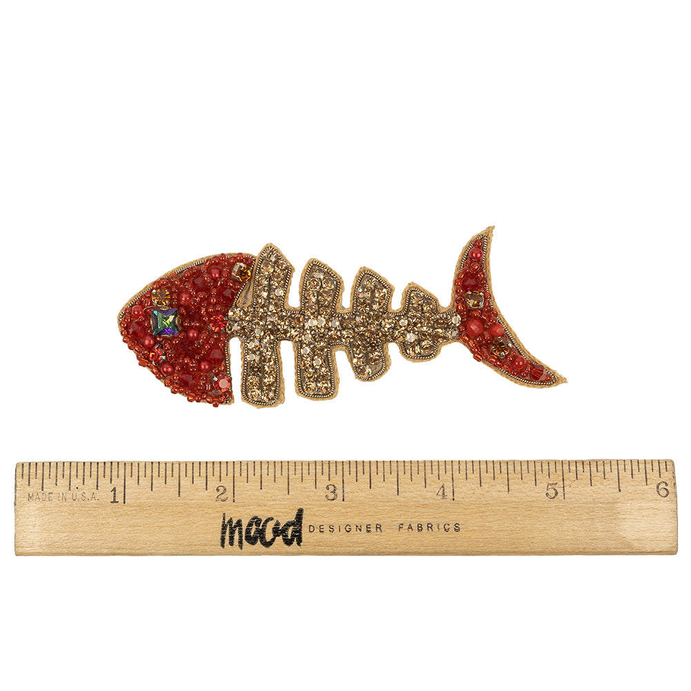 Red and Gold Skeletal Fish Rhinestones and Glass Beaded Applique - 1.5" x 4.125" Full