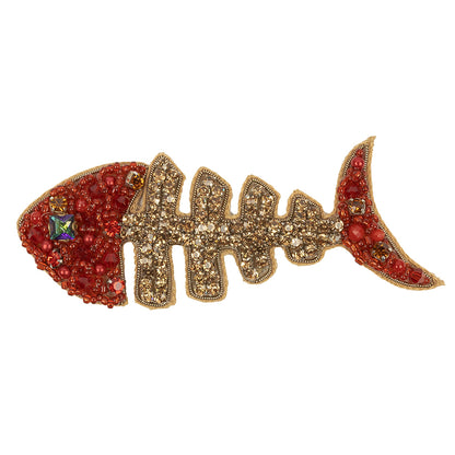 Red and Gold Skeletal Fish Rhinestones and Glass Beaded Applique - 1.5" x 4.125"