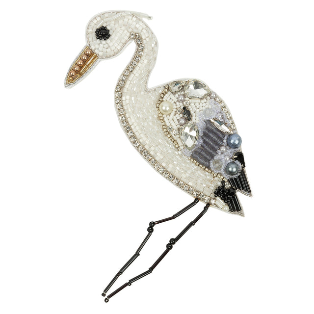White, Gray and Black Crane Rhinestones and Glass Beaded Applique - 4.75" x 3.375"