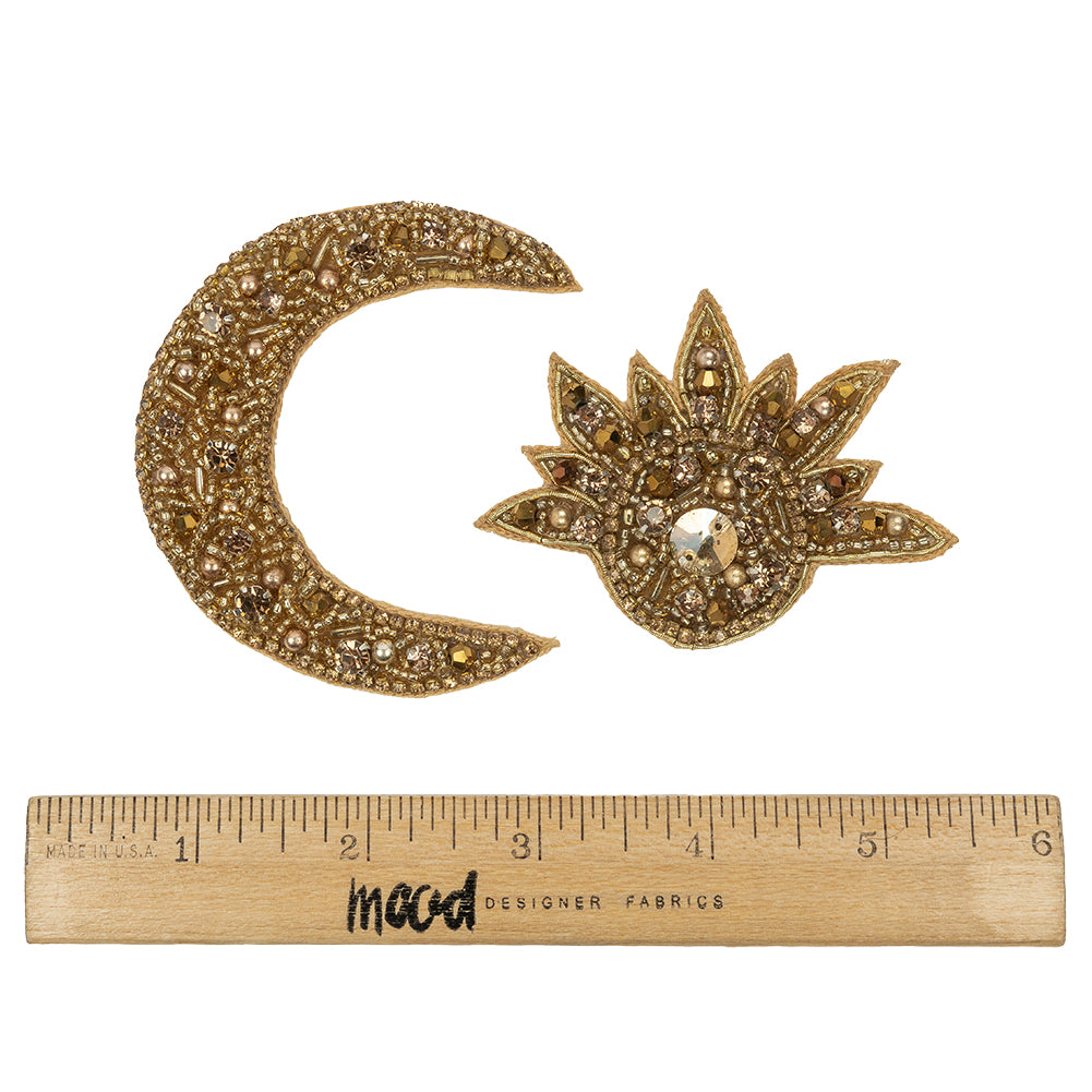 Gold Sun and Crescent Moon Rhinestones and Glass Beaded Applique Full