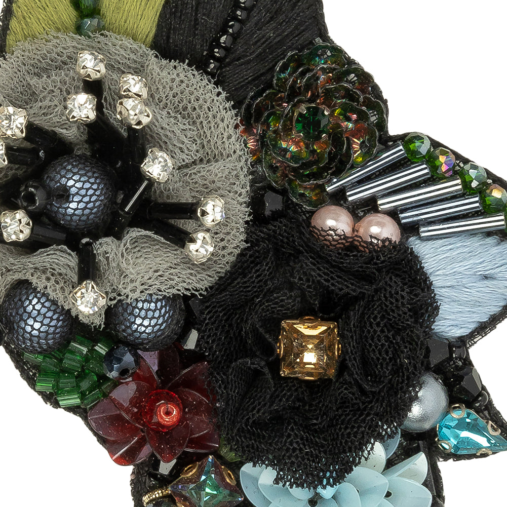Blue, Gray and Green Fabric Flowers, Rhinestone and Glass Beaded Applique - 2.5" x 3.875" Detail
