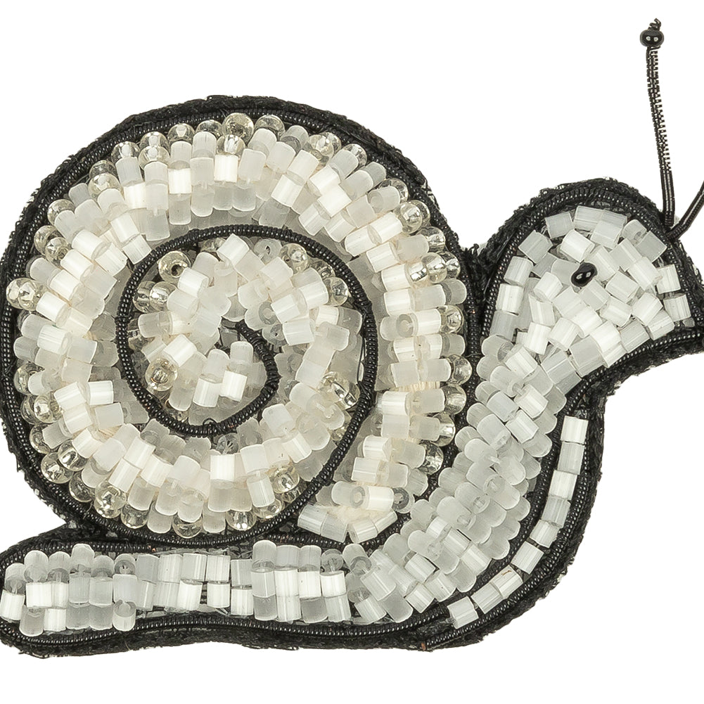 Satin White and Black Snail Glass Beaded Applique - 1.75" x 2.5" Detail