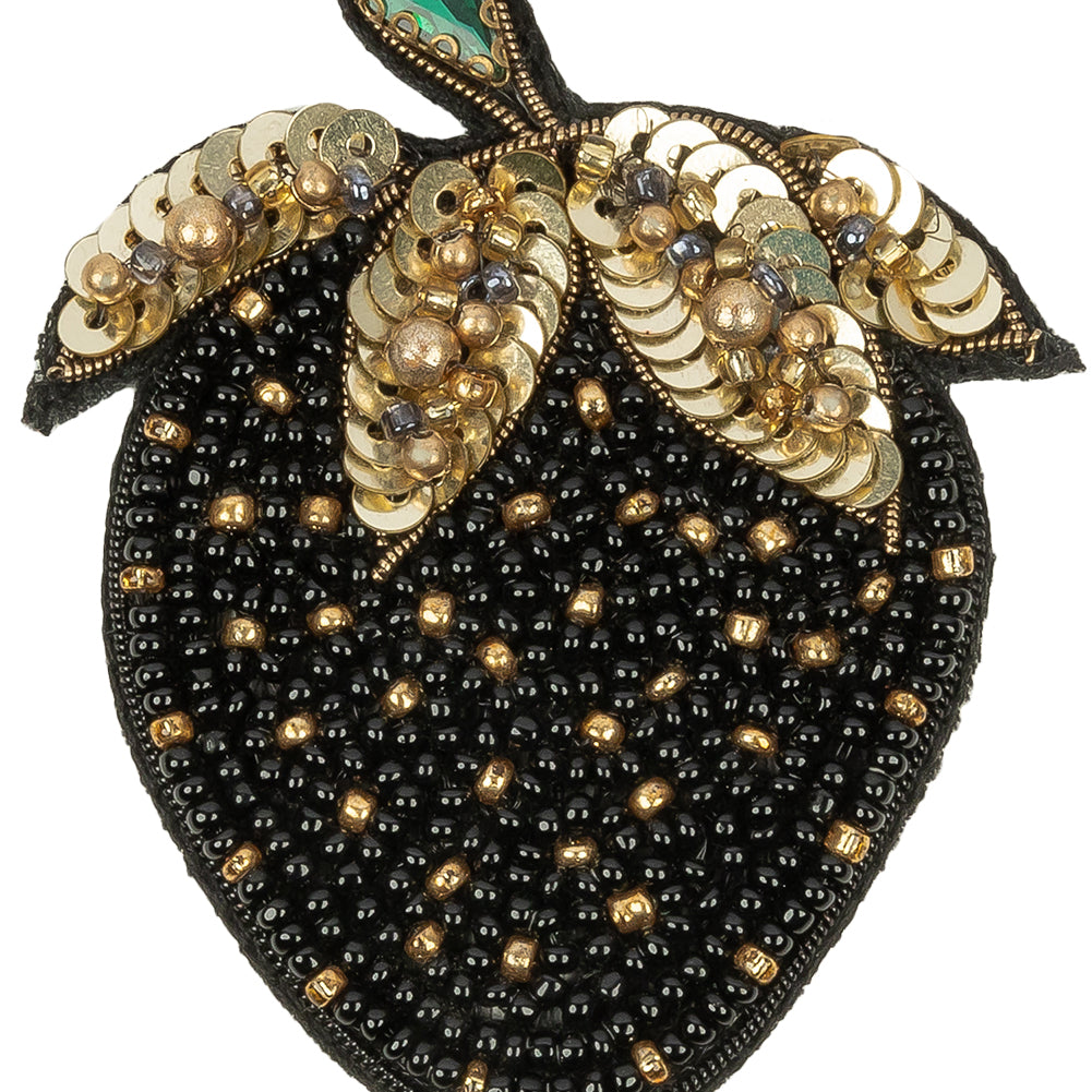 Black and Gold Strawberry Rhinestone and Glass Beaded Applique - 2.5" x 2.125" Detail