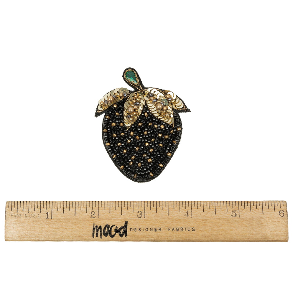 Black and Gold Strawberry Rhinestone and Glass Beaded Applique - 2.5" x 2.125" Full