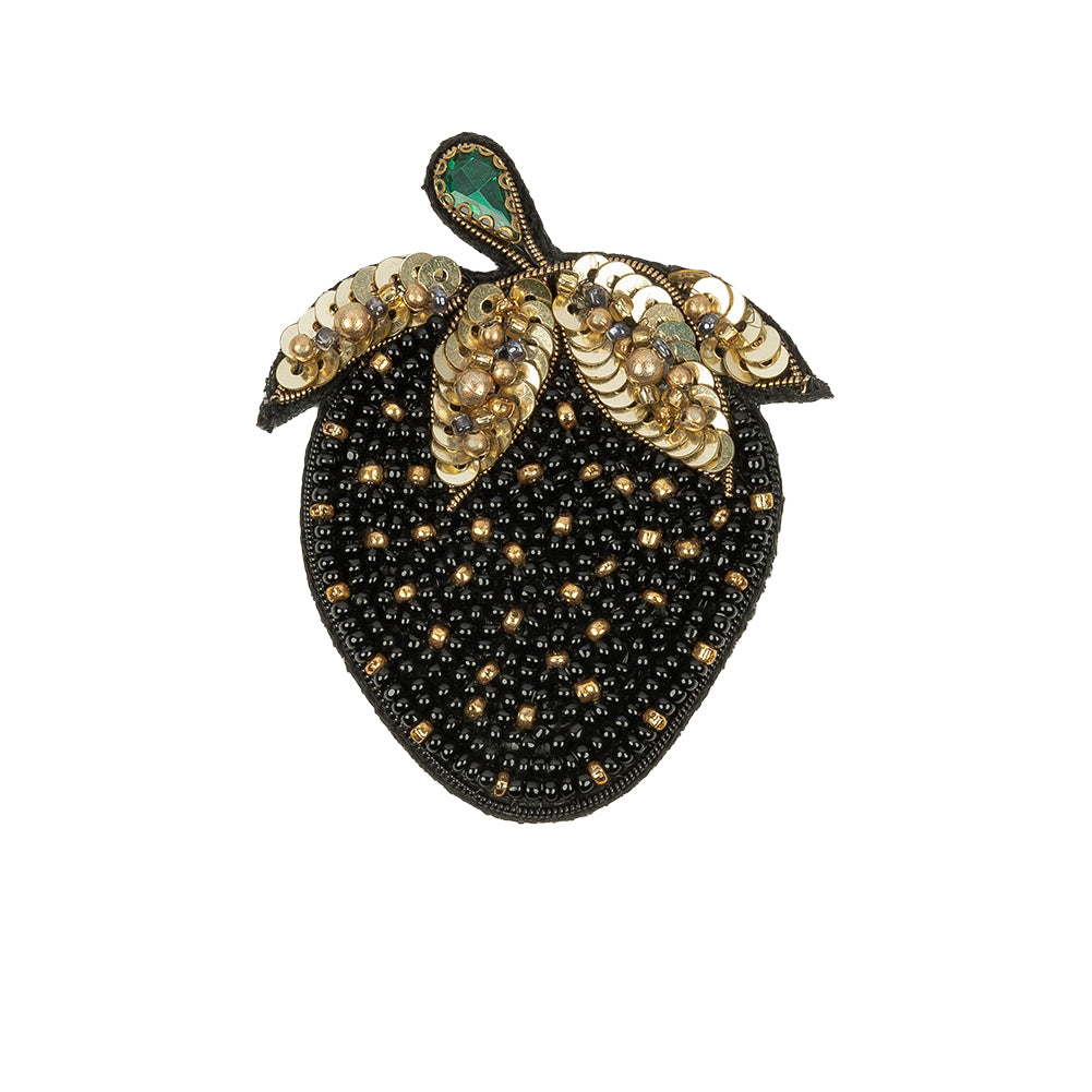 Black and Gold Strawberry Rhinestone and Glass Beaded Applique - 2.5" x 2.125"