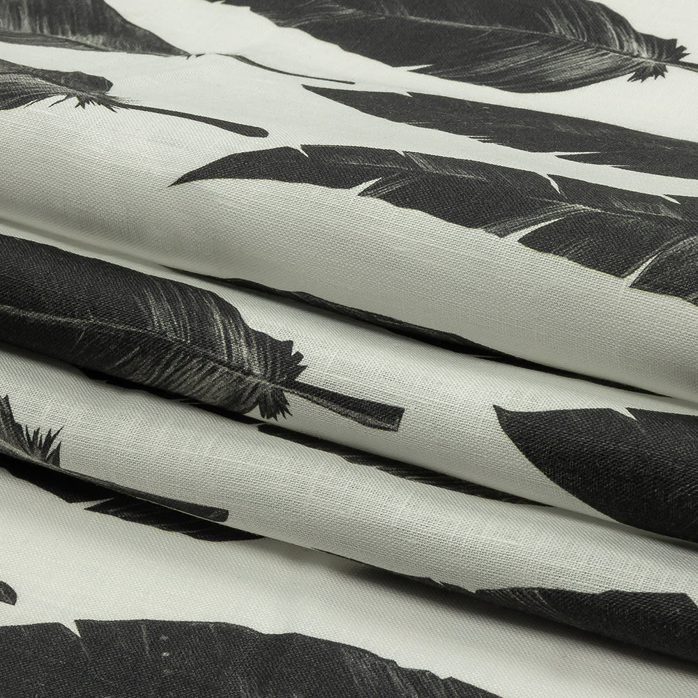 Black and White Feather Array Medium Weight Linen Woven - Folded