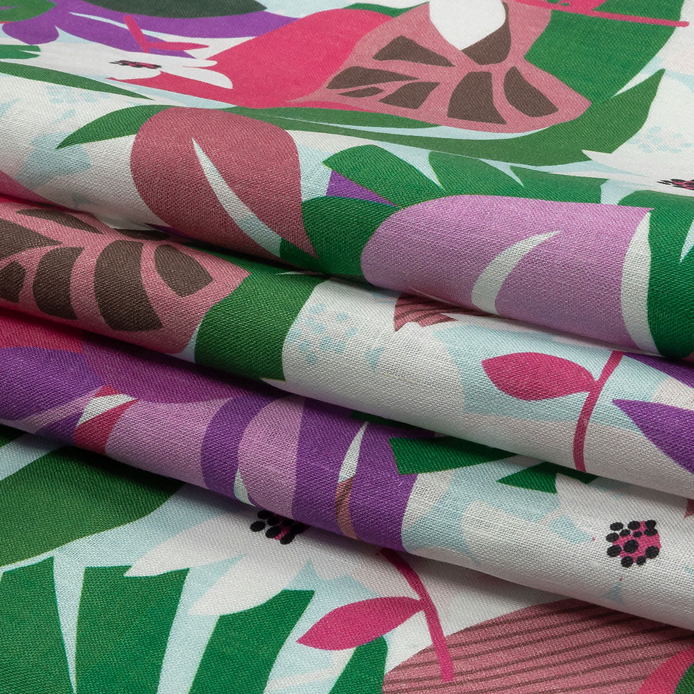 Pink, Green and Aqua Animated Tropics Medium Weight Linen Woven - Folded