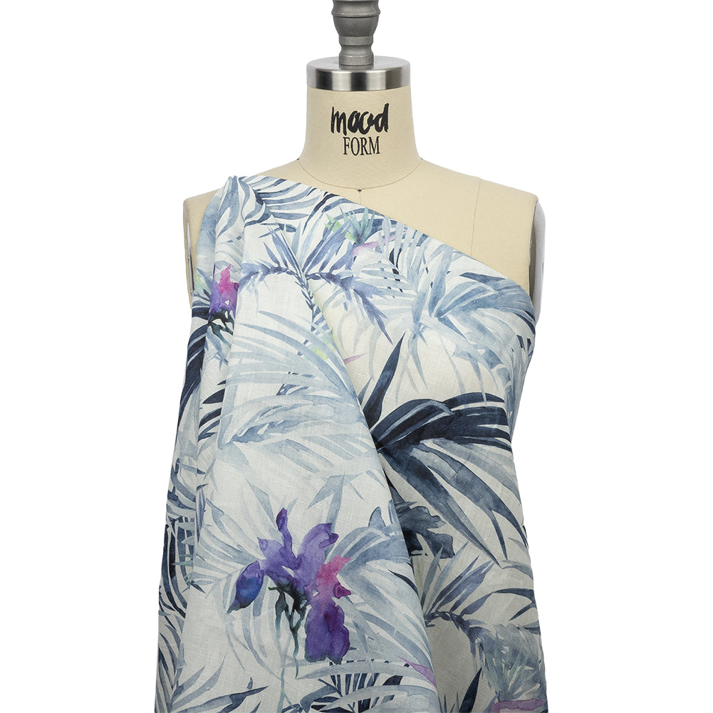 Blue Palm Fronds Medium Weight Linen Woven