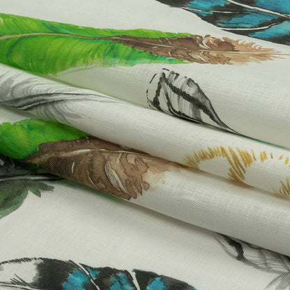 Blue, Green and Black Scattered Feathers Medium Weight Linen Woven