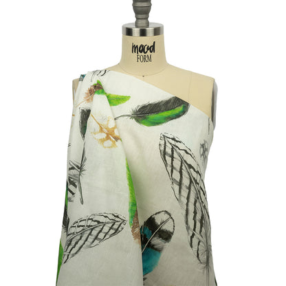 Blue, Green and Black Scattered Feathers Medium Weight Linen Woven