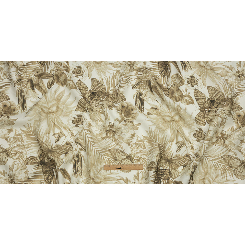 Dark Beige and White Butterfly Garden Medium Weight Linen Woven