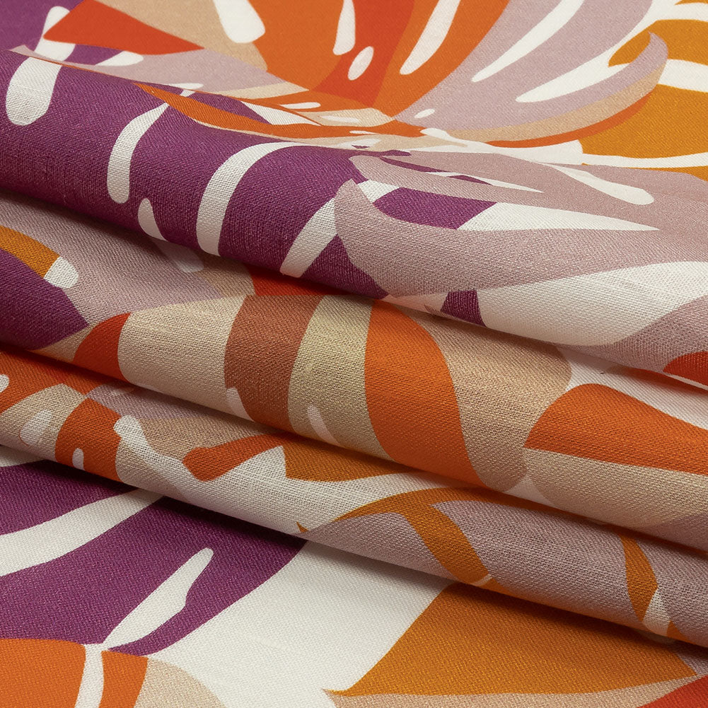 Orange and Purple Palm Leaf Pop Medium Weight Linen Woven