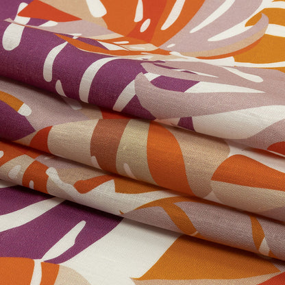 Orange and Purple Palm Leaf Pop Medium Weight Linen Woven