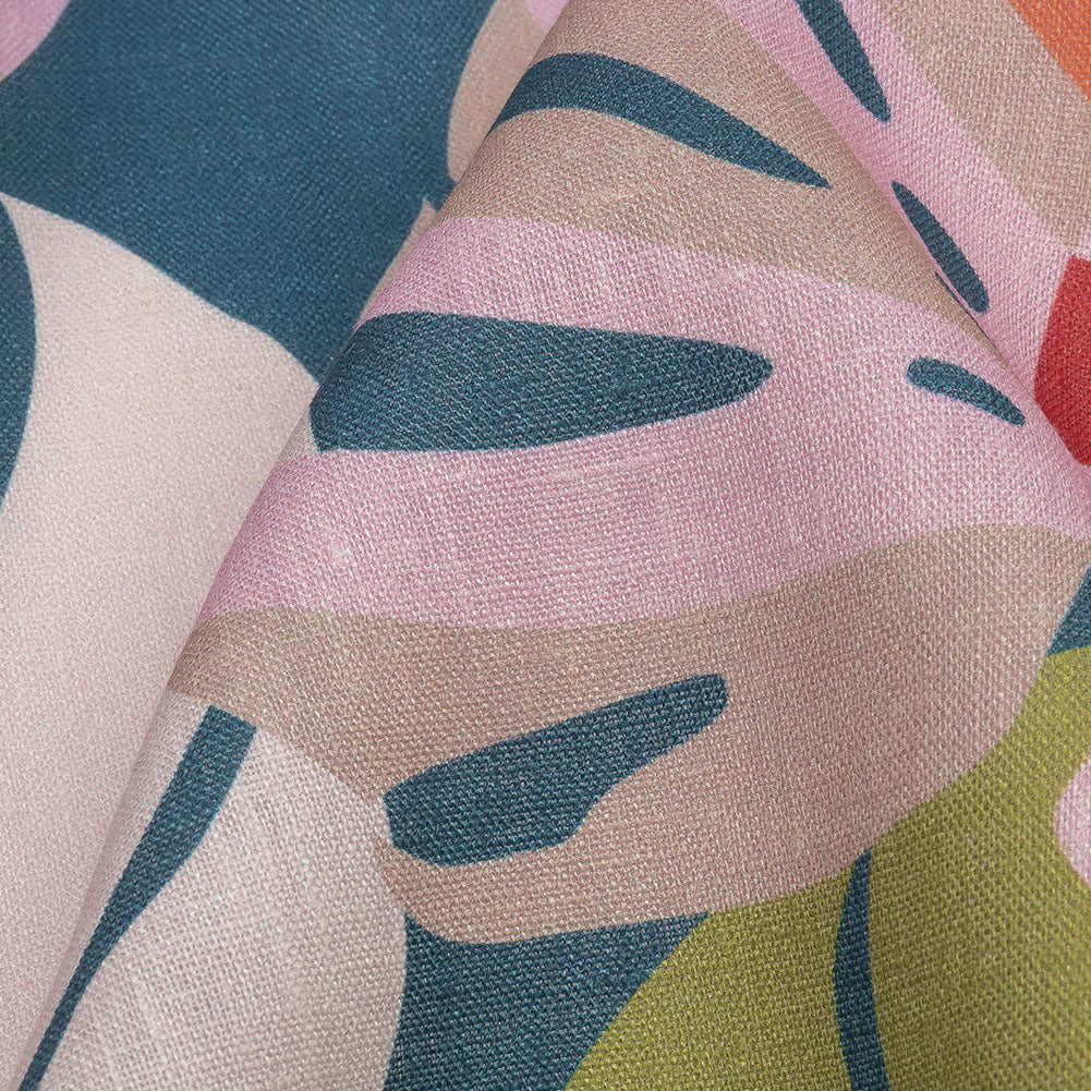 Blush, Lime and Indigo Palm Leaf Pop Medium Weight Linen Woven