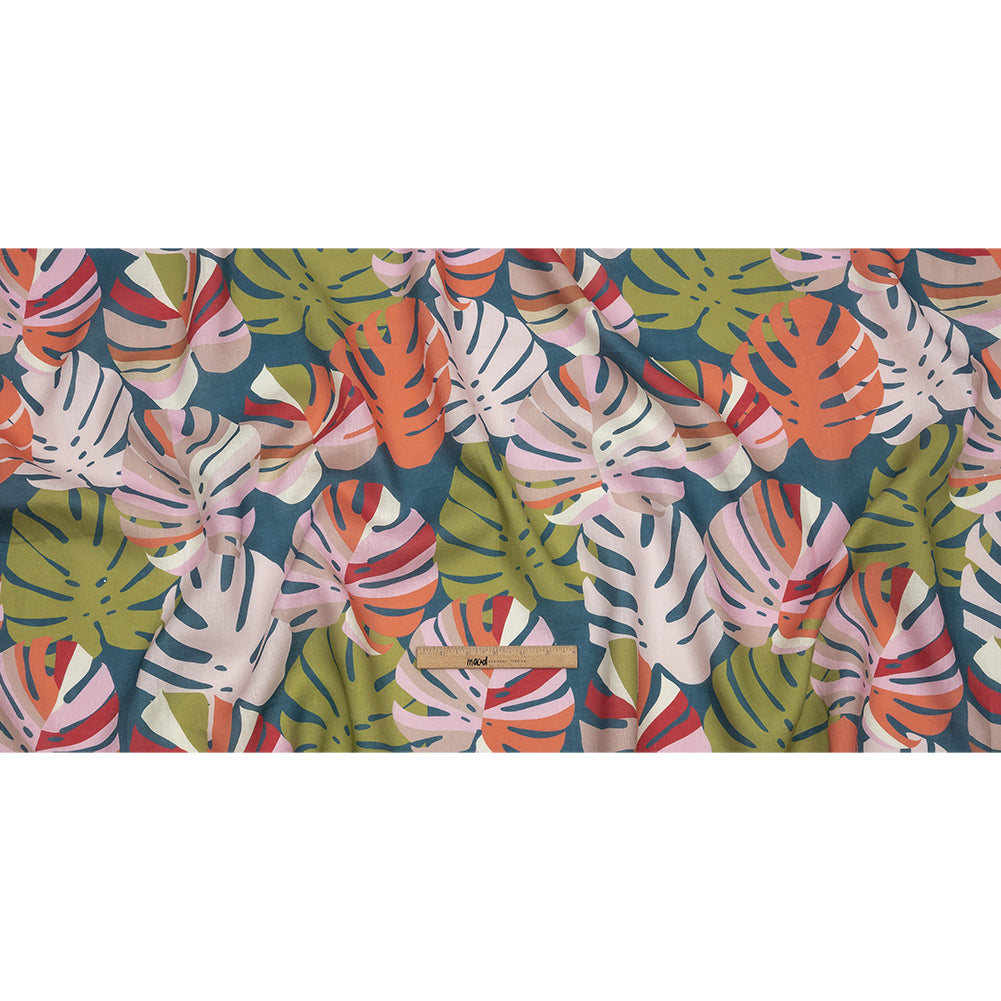 Blush, Lime and Indigo Palm Leaf Pop Medium Weight Linen Woven