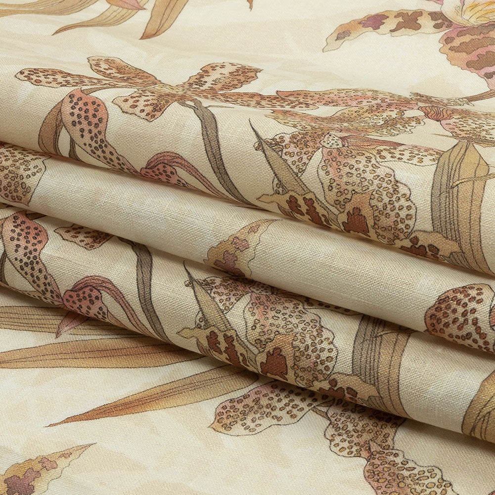 Beige and Pink Spotted Lilies Medium Weight Linen Woven