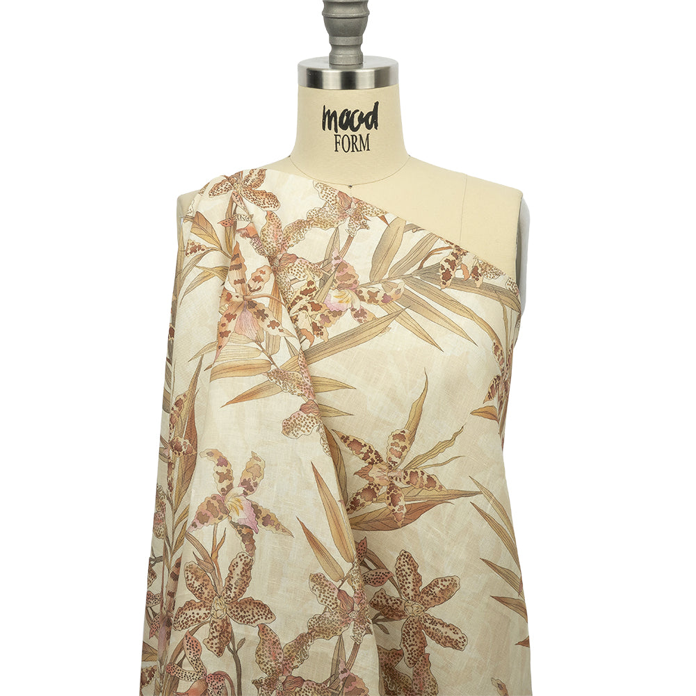 Beige and Pink Spotted Lilies Medium Weight Linen Woven