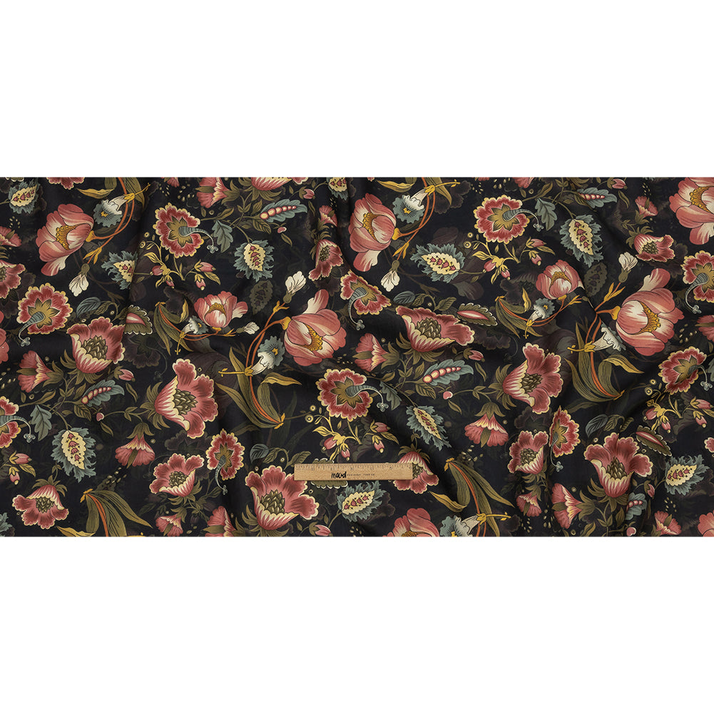 Blush, Olive and Black Traditional Floral Medium Weight Linen Woven