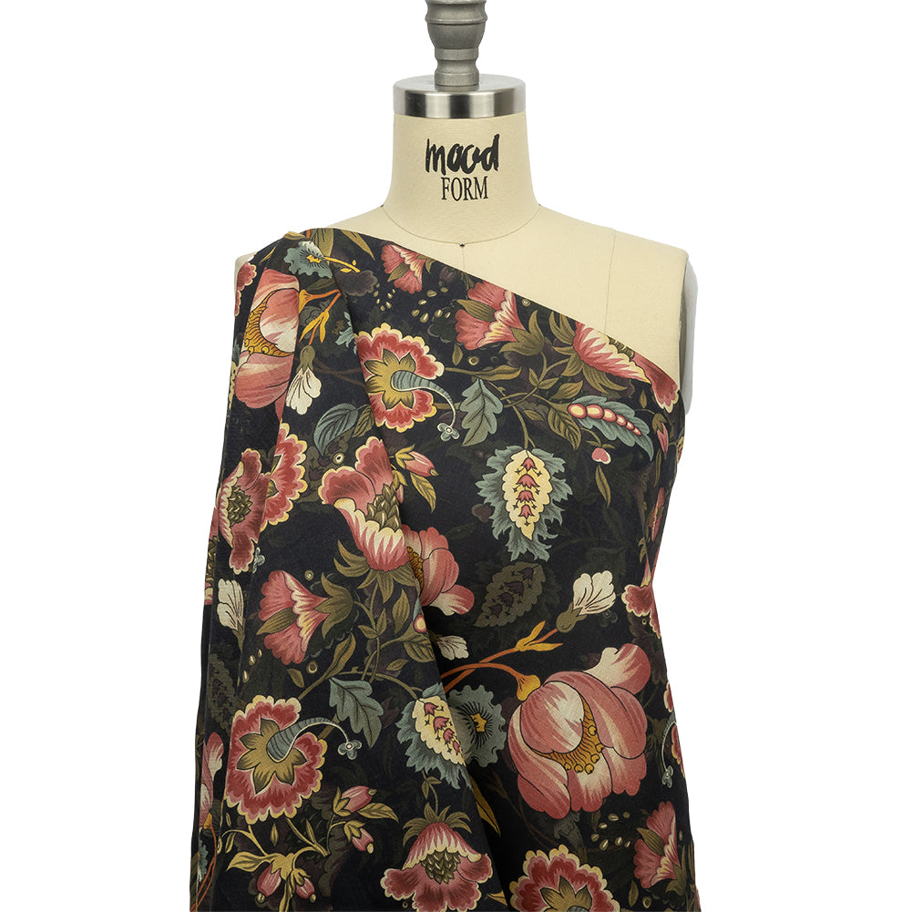 Blush, Olive and Black Traditional Floral Medium Weight Linen Woven