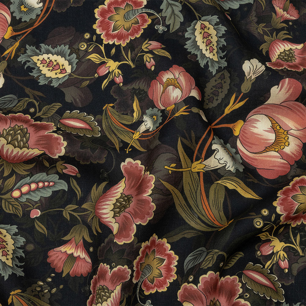 Blush, Olive and Black Traditional Floral Medium Weight Linen Woven
