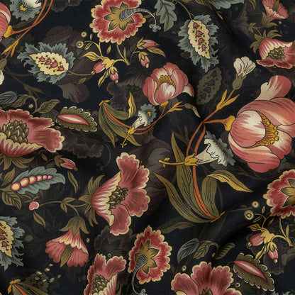 Blush, Olive and Black Traditional Floral Medium Weight Linen Woven