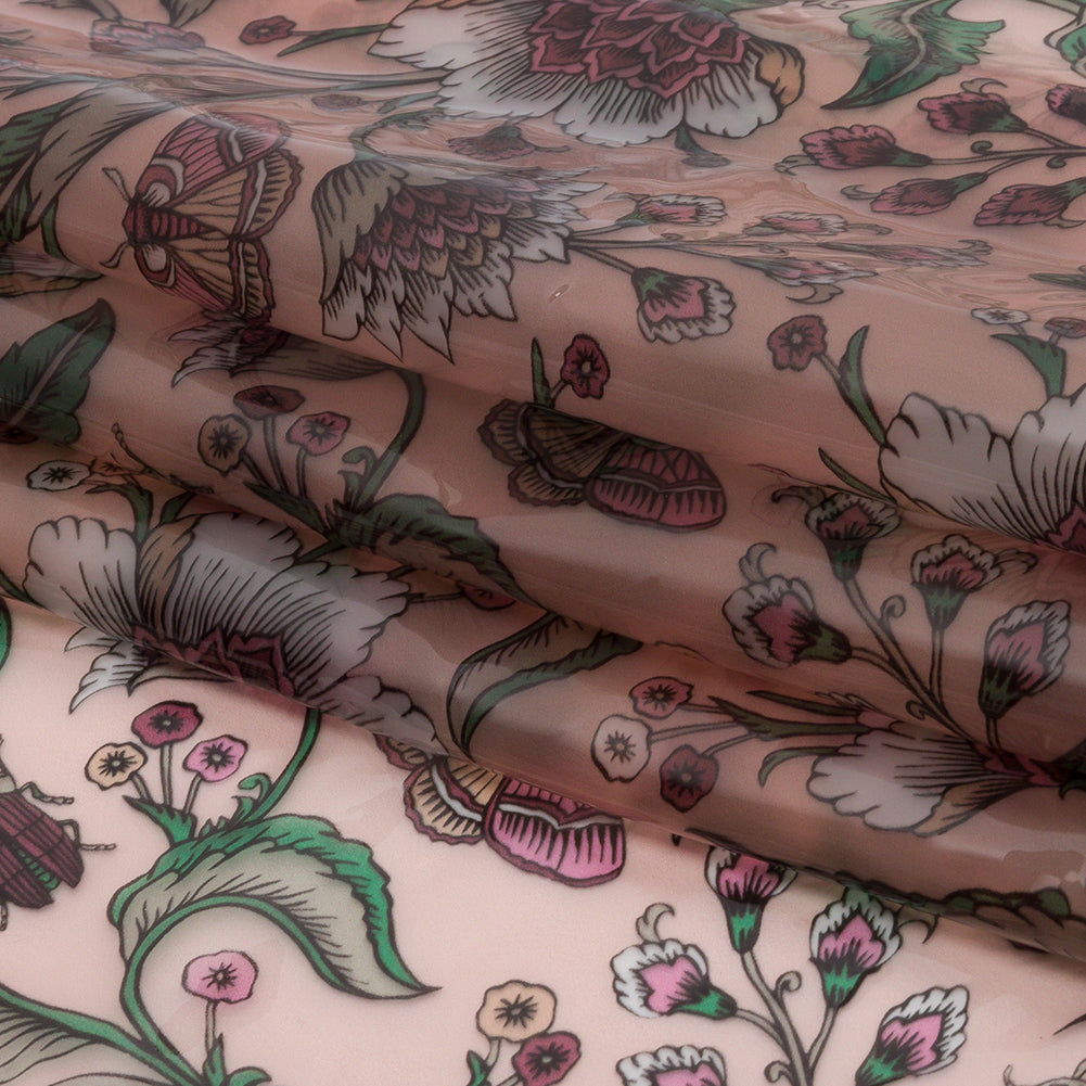 Pink, Green and White Beetles and Flowers Lightweight Translucent Vinyl - Folded