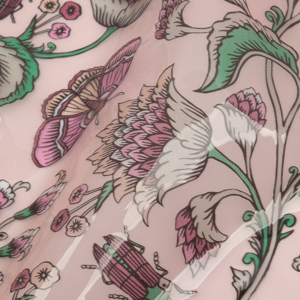 Pink, Green and White Beetles and Flowers Lightweight Translucent Vinyl - Detail
