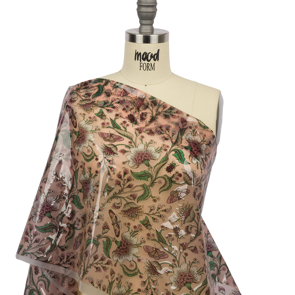 Pink, Green and White Beetles and Flowers Lightweight Translucent Vinyl - Drape