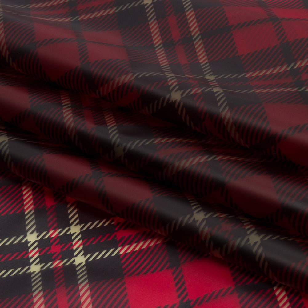 Red, Black and Yellow Diagonal Plaid Lightweight Translucent Vinyl - Folded