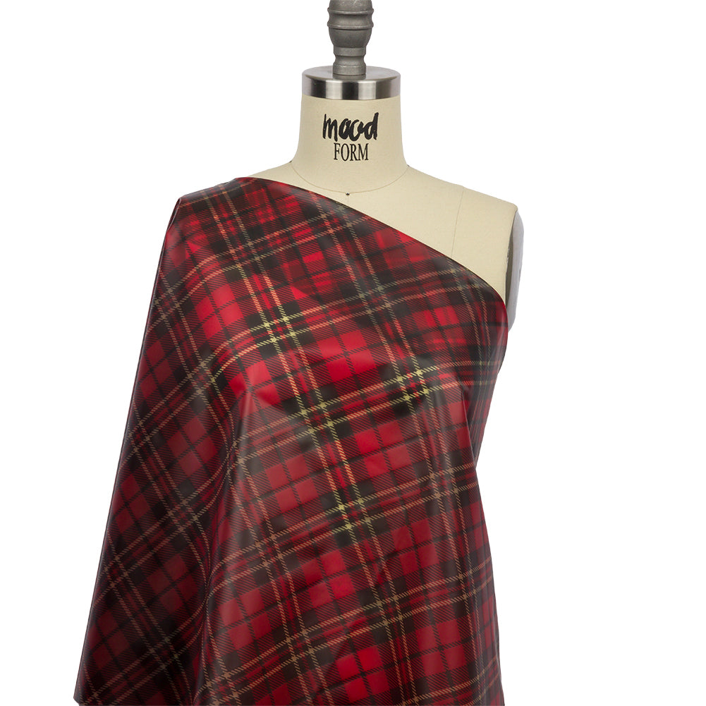 Red, Black and Yellow Diagonal Plaid Lightweight Translucent Vinyl - Drape