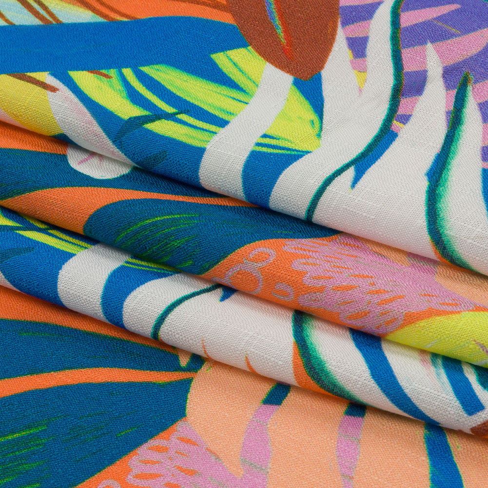 Slubbed Viscose Woven Print - Orange and Blue Leaves - Mood Exclusive Tropical Tango - Folded