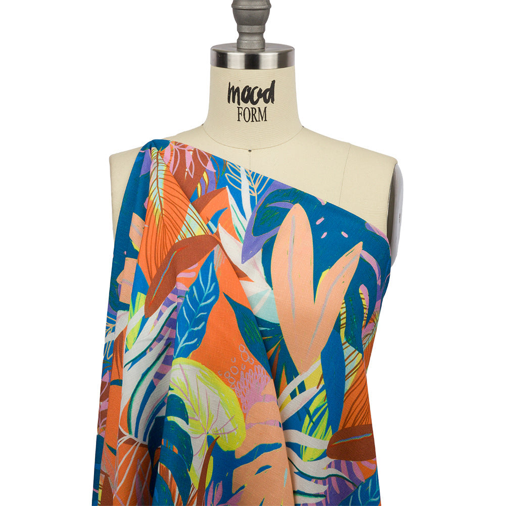 Slubbed Viscose Woven Print - Orange and Blue Leaves - Mood Exclusive Tropical Tango - Drape