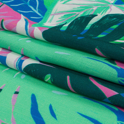 Slubbed Viscose Woven Print - Green and Blue Leaves - Mood Exclusive Tropical Tango