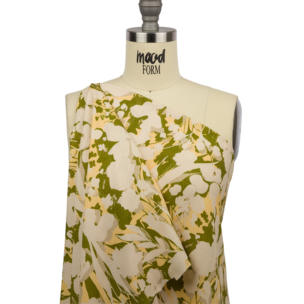 Sustainable Viscose Floral Jacquard Print - Beige, Green and Yellow Floral Silhouettes - Mood Exclusive Wild Disguise Drape