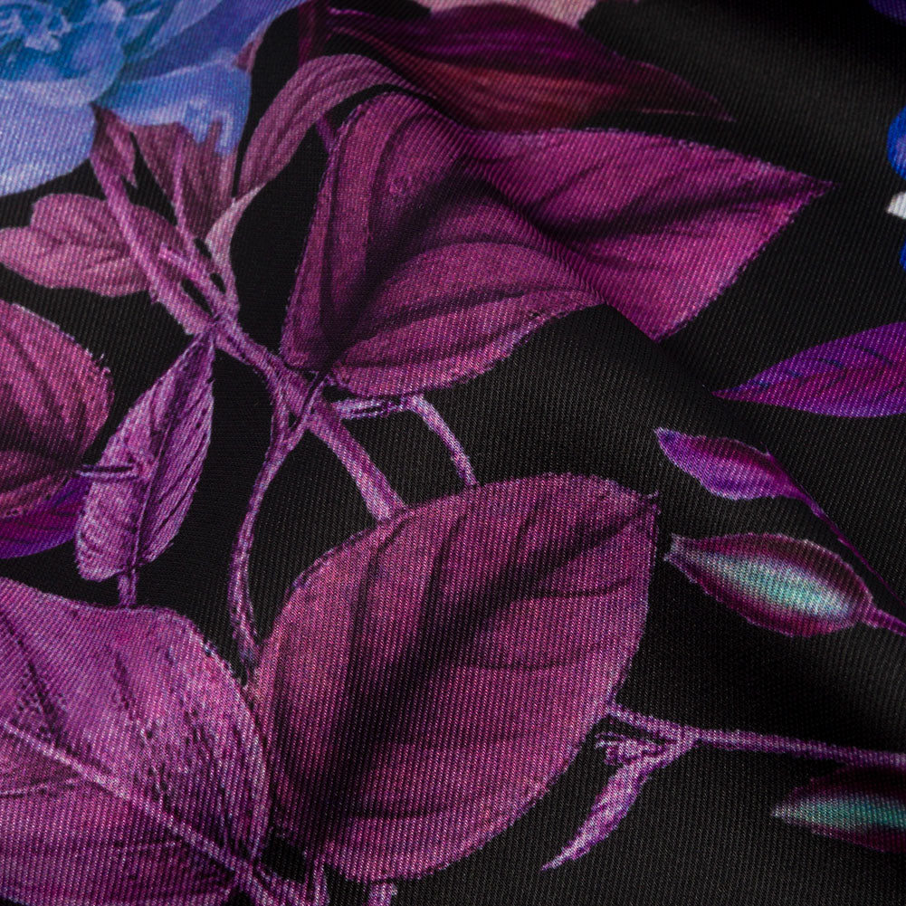 Polyester Twill Print - Black, Purple and Blue Floral - Mood Exclusive Midnight Gardens