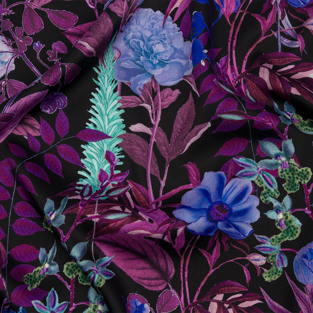 Polyester Twill Print - Black, Purple and Blue Floral - Mood Exclusive Midnight Gardens