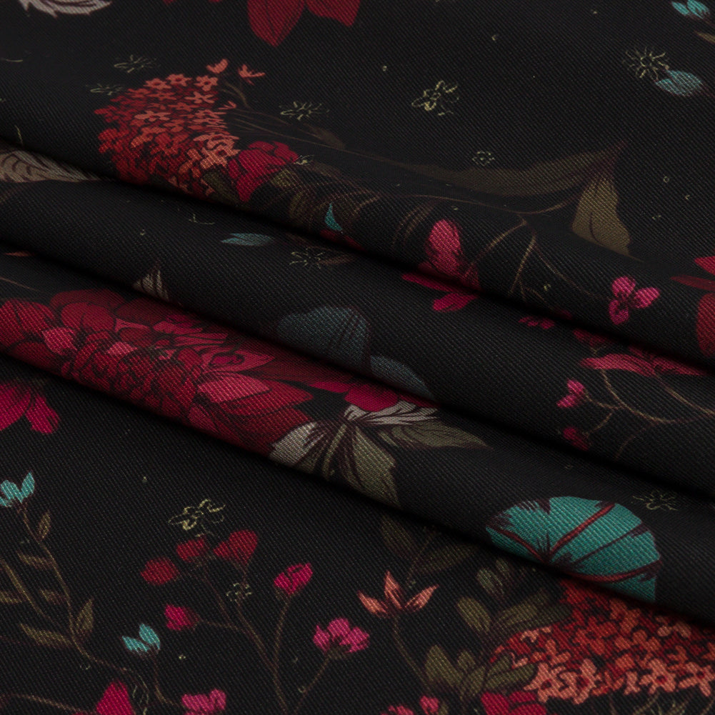 Polyester Twill Print - Blue, Red and Black Floral - Mood Exclusive Antheia's Grace