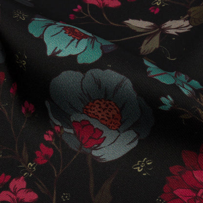 Polyester Twill Print - Blue, Red and Black Floral - Mood Exclusive Antheia's Grace