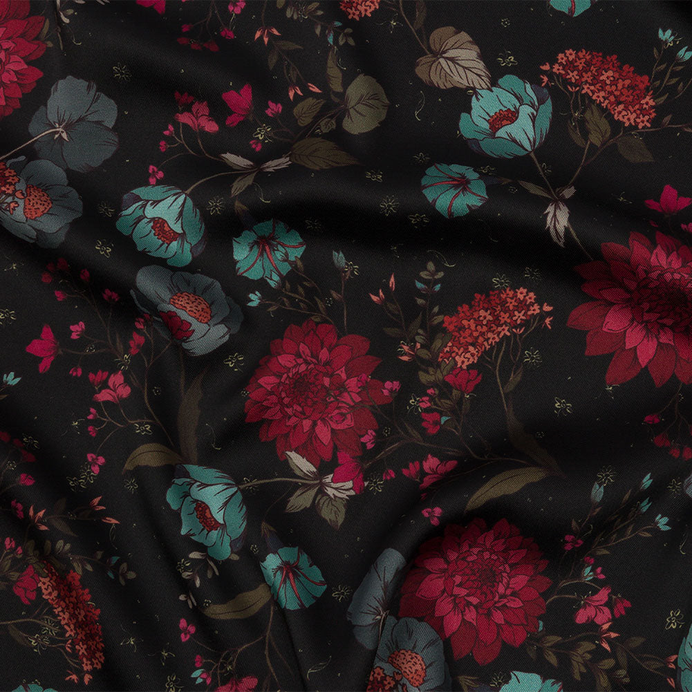 Polyester Twill Print - Blue, Red and Black Floral - Mood Exclusive Antheia's Grace