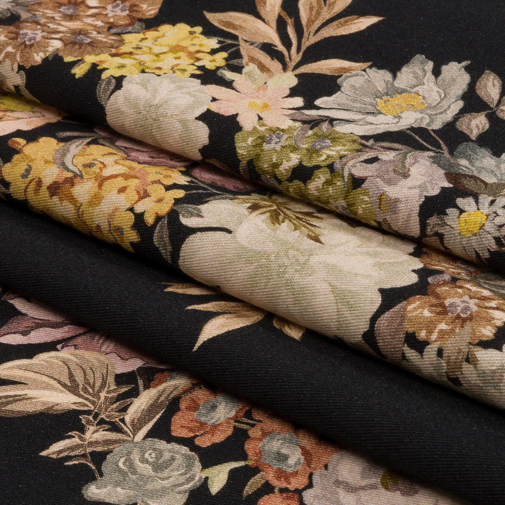 Brushed Stretch Cotton Twill Panel - Midnight, Pink and Peach Floral Columns - Mood Exclusive Parthenon Petals Folded
