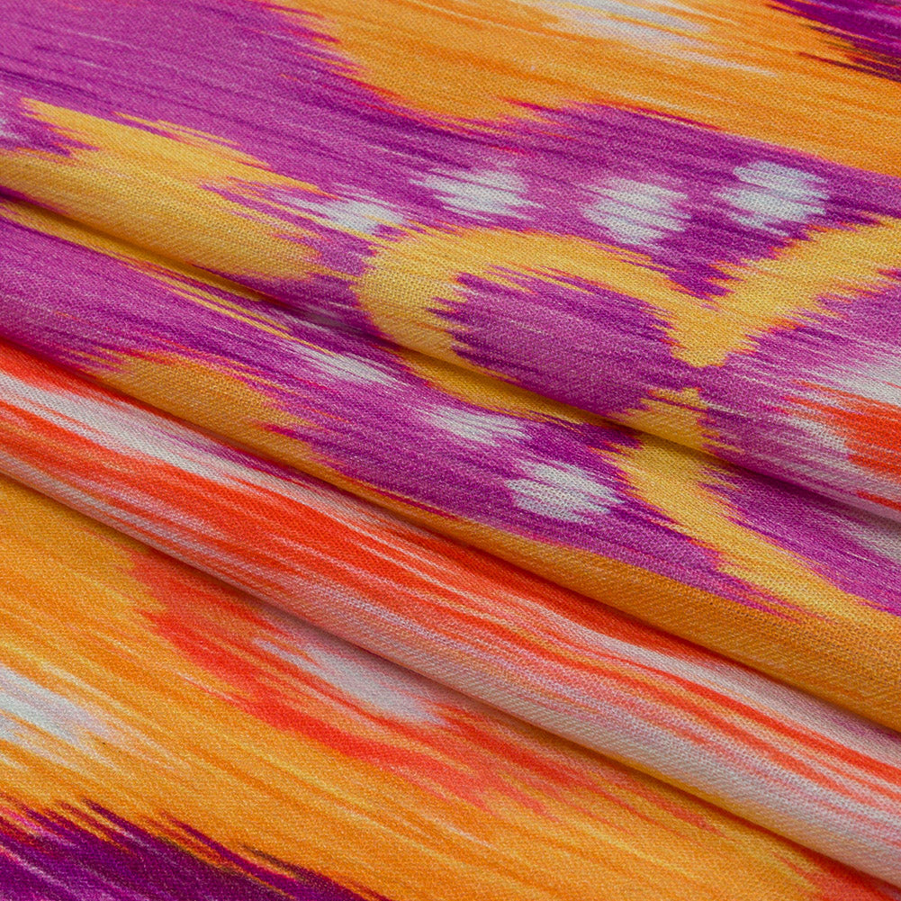 Gauzy Wrinkled Rayon Woven Print - Purple and Yellow Ikat Paisley Stripes - Mood Exclusive Feathered Psyche Full