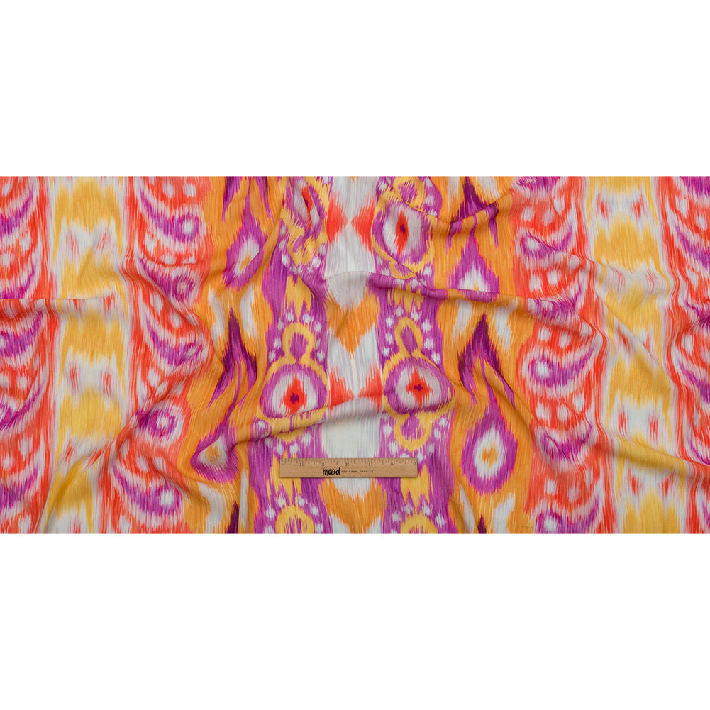 Gauzy Wrinkled Rayon Woven Print - Purple and Yellow Ikat Paisley Stripes - Mood Exclusive Feathered Psyche Drape