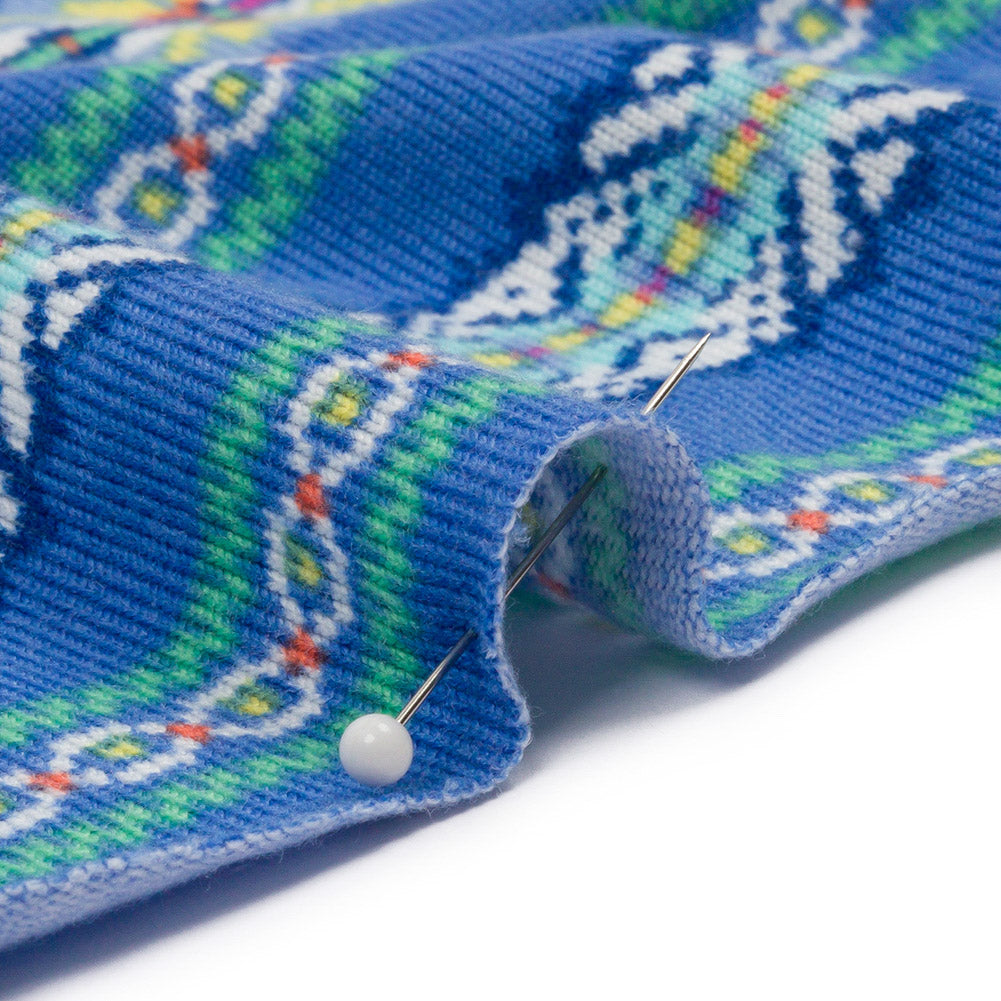 Country Blue, Yellow and Mint Geometric Stripes Stretch Rayon Sweater Knit Detail