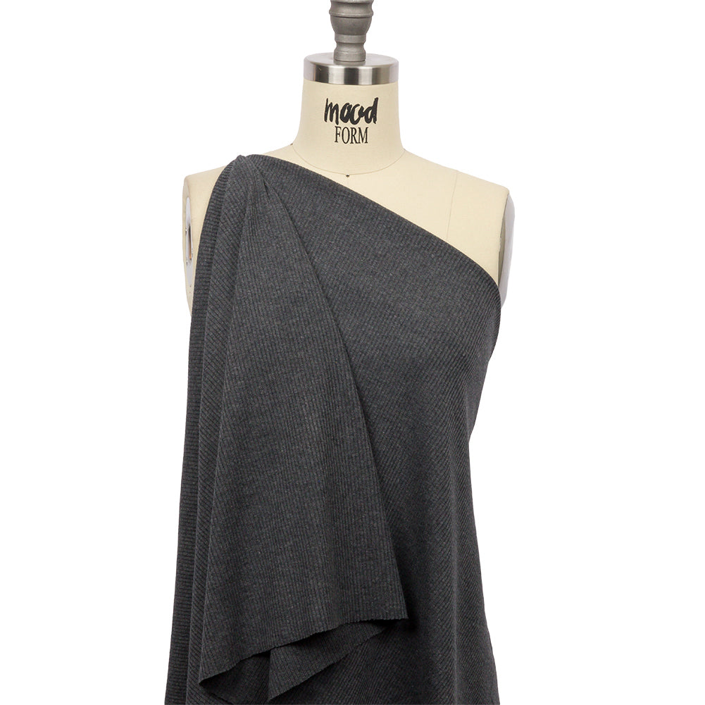 Dark Heathered Gray Stretch Cotton and Modal 2x2 Rib Knit Drape