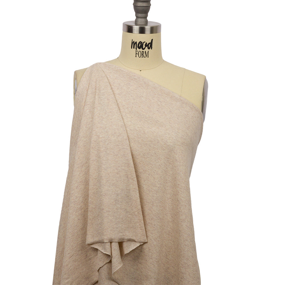 Heathered Beige Stretch Cotton and Rayon 2x2 Rib Knit Drape