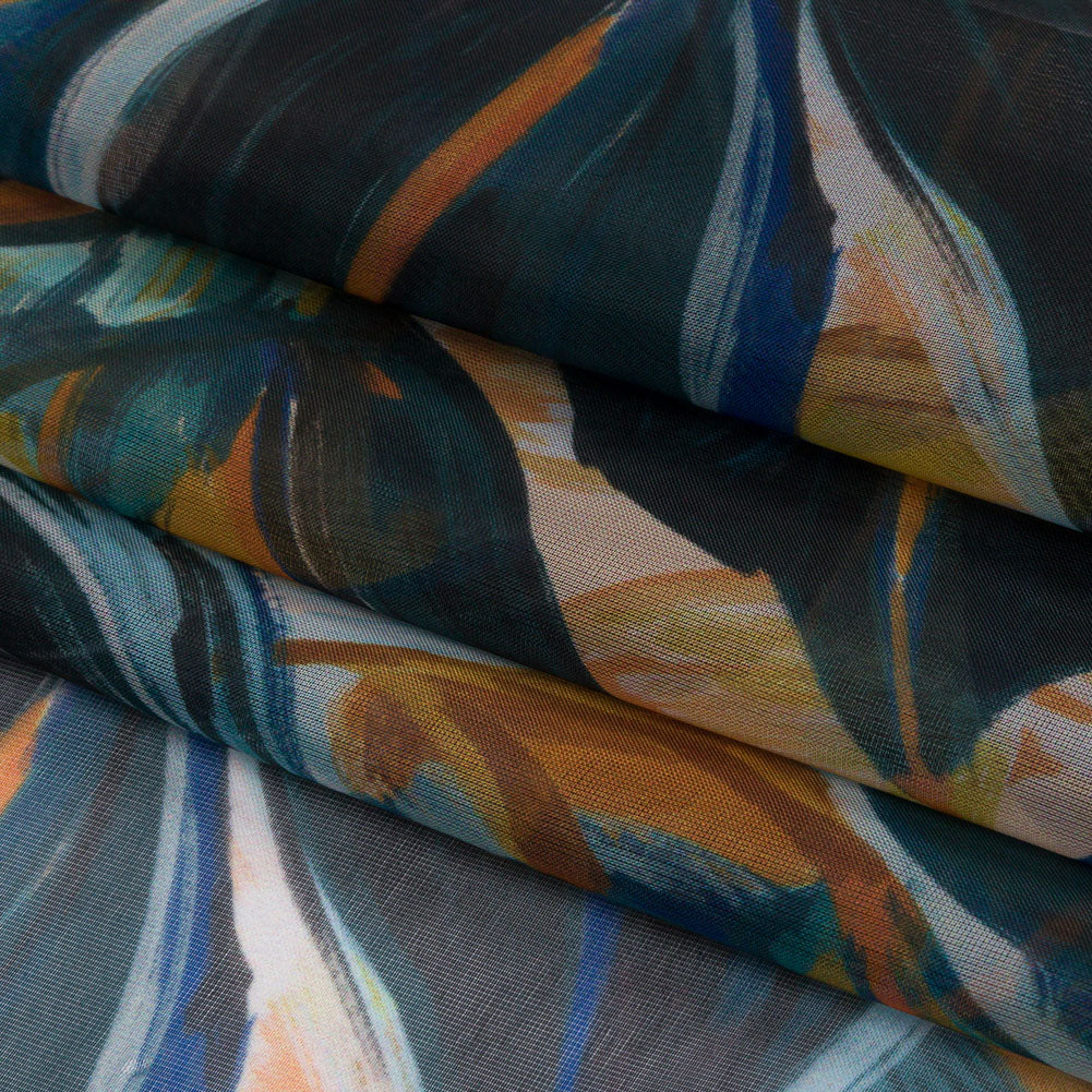 Sheer Polyester Woven Print - Dark Blue and Yellow Painterly Leaves - Mood Exclusive Eye of the Beholder Folded